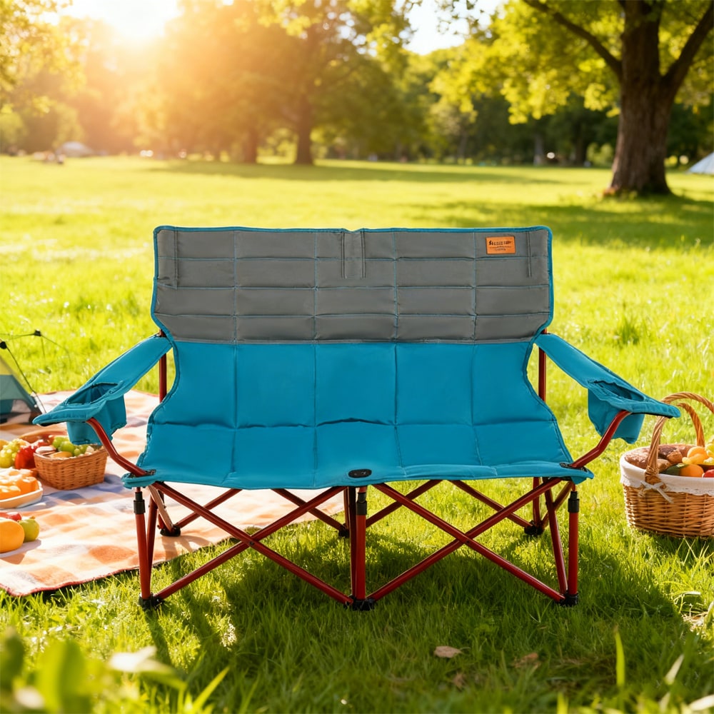 Oversized Camping Chair Folding Loveseat Camping Couch With Cup Holders & Thick Padding_voghion.com